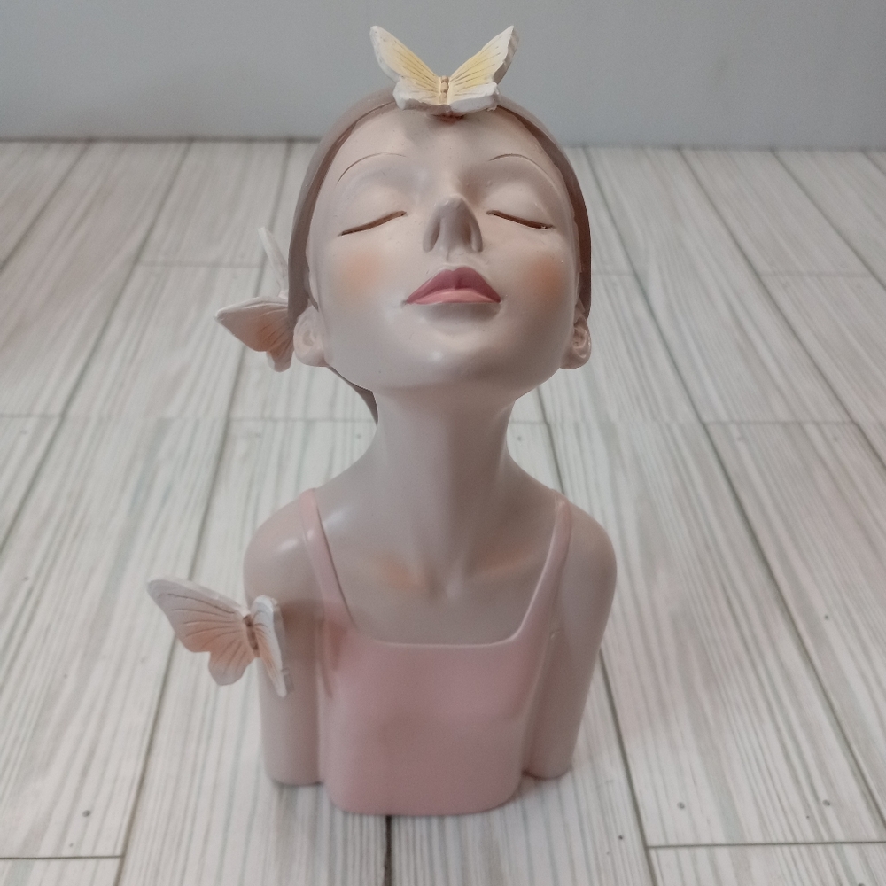 Pink Ceramic Woman Bust with Butterflies
